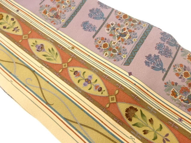 縮緬地金彩縞に花鳥・曲線模様織出し名古屋帯